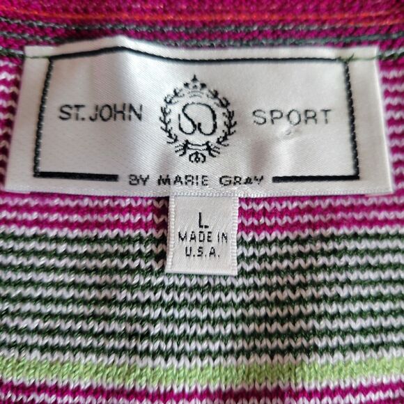St.John Sport By Marie Gray Striped Santana Knit Top Deep Pink Green Yellow Sz L - Picture 3 of 9
